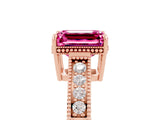 Rose gold Emerald Cut Pink Sapphire Engagement Ring with Milgrain Channel Set Band and Prong Setting_29