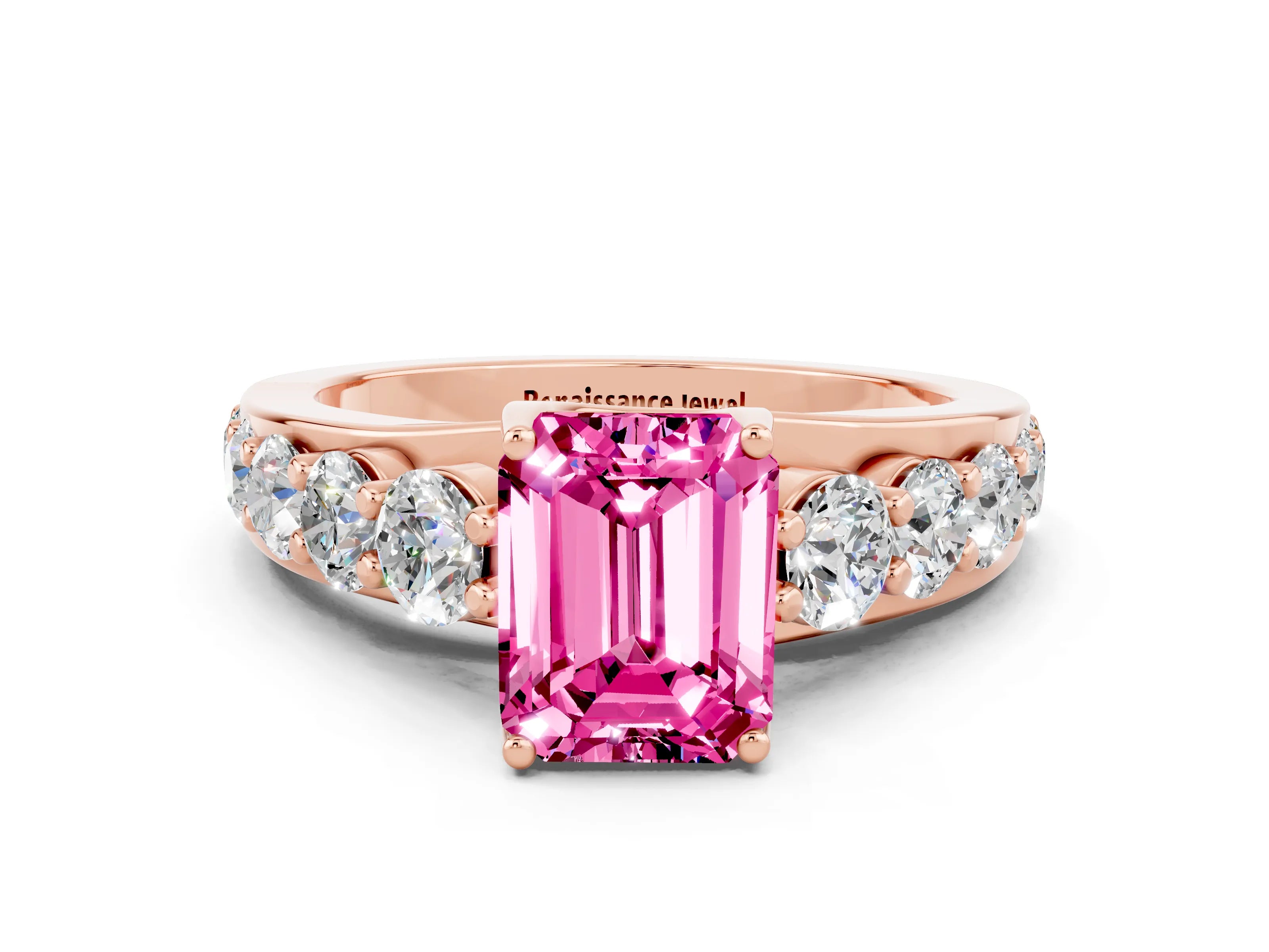 Rose gold Emerald Cut Pink Sapphire Engagement Ring with Pavé Band and Four-Prong Setting