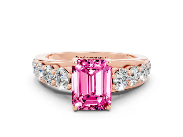 Rose gold Emerald Cut Pink Sapphire Engagement Ring with Pavé Band and Four-Prong Setting
