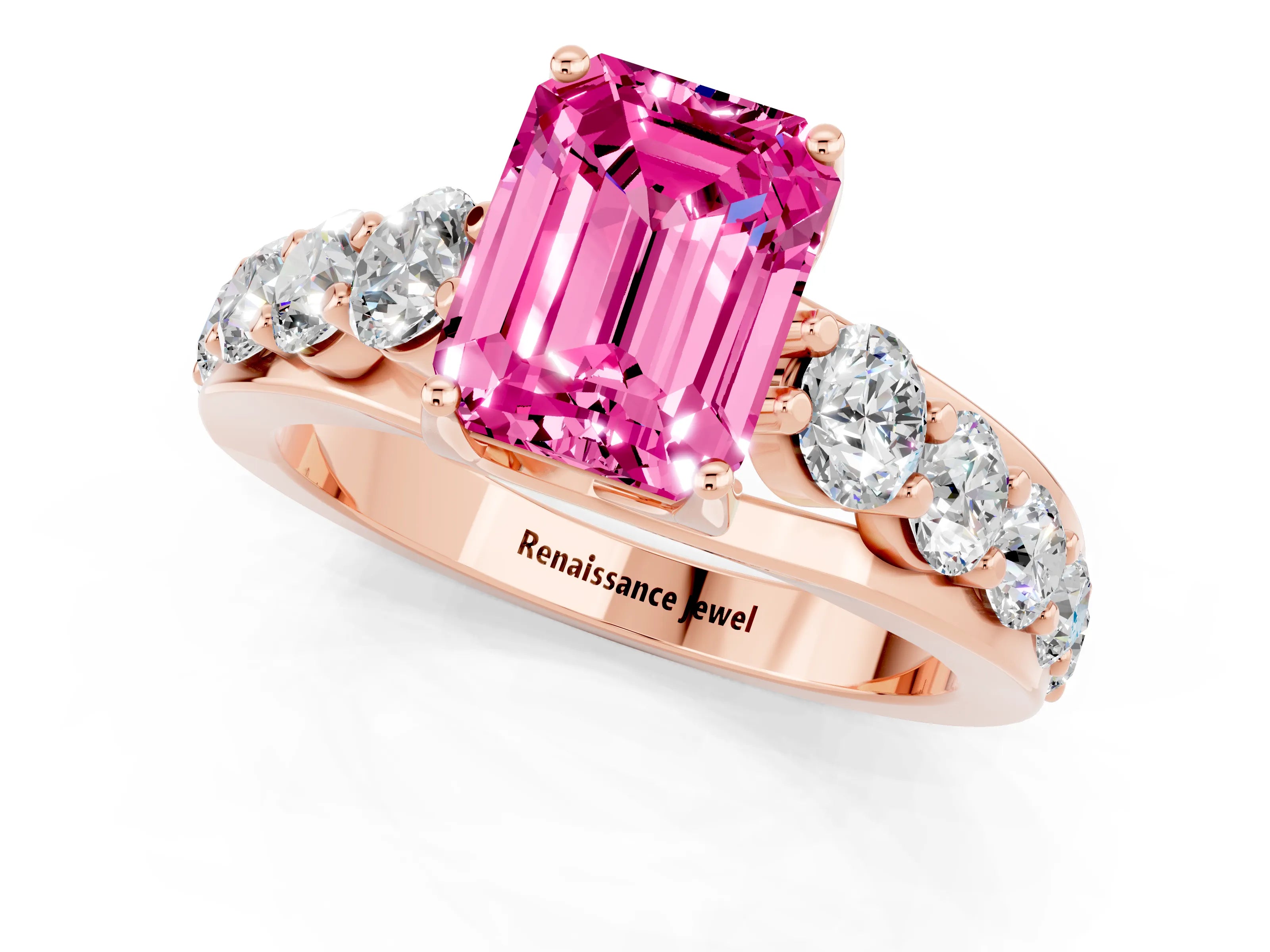 Rose gold Emerald Cut Pink Sapphire Engagement Ring with Pavé Band and Four-Prong Setting_1