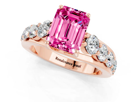 Rose gold Emerald Cut Pink Sapphire Engagement Ring with Pavé Band and Four-Prong Setting_1