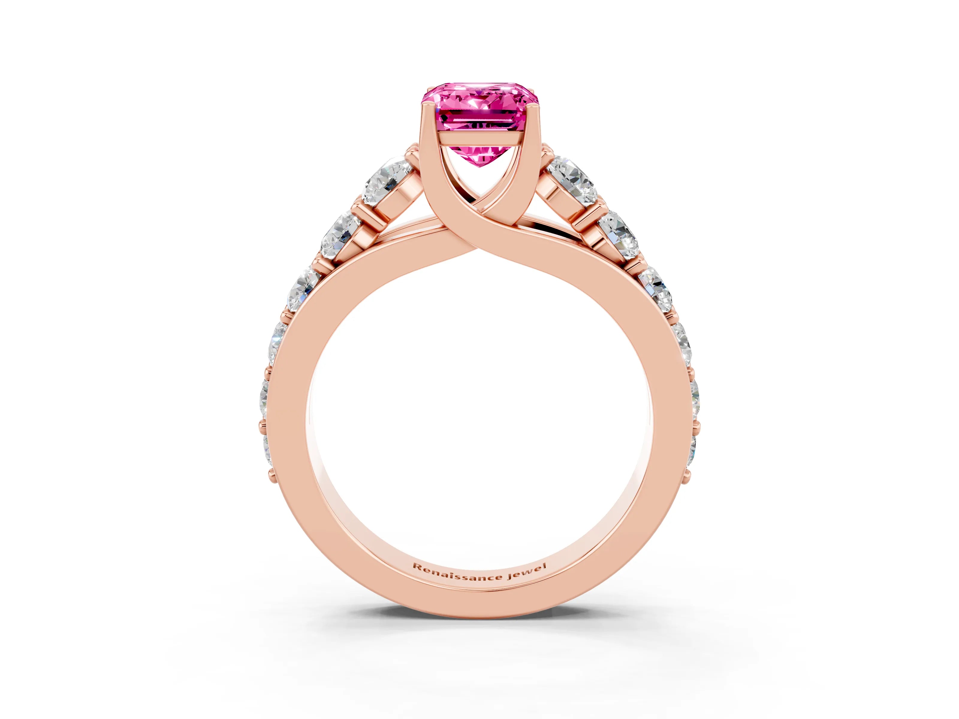 Rose gold Emerald Cut Pink Sapphire Engagement Ring with Pavé Band and Four-Prong Setting_3