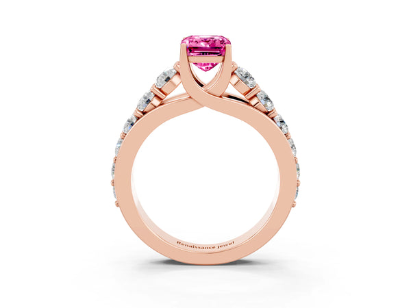 Rose gold Emerald Cut Pink Sapphire Engagement Ring with Pavé Band and Four-Prong Setting