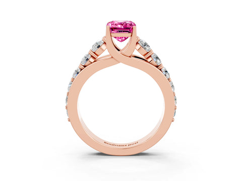 Rose gold Emerald Cut Pink Sapphire Engagement Ring with Pavé Band and Four-Prong Setting_3