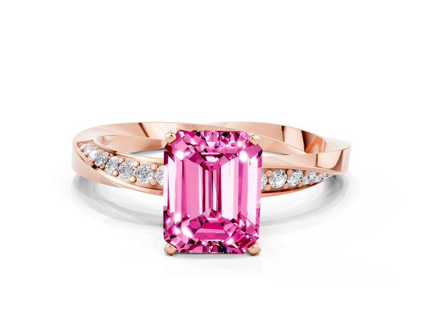 Rose gold Emerald Cut Pink Sapphire Engagement Ring with Side Stone Accents and Four-Prong Setting