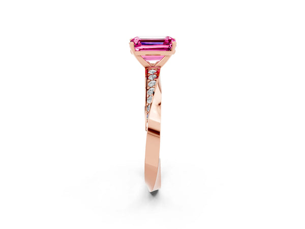 Rose gold Emerald Cut Pink Sapphire Engagement Ring with Side Stone Accents and Four-Prong Setting