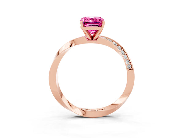 Rose gold Emerald Cut Pink Sapphire Engagement Ring with Side Stone Accents and Four-Prong Setting