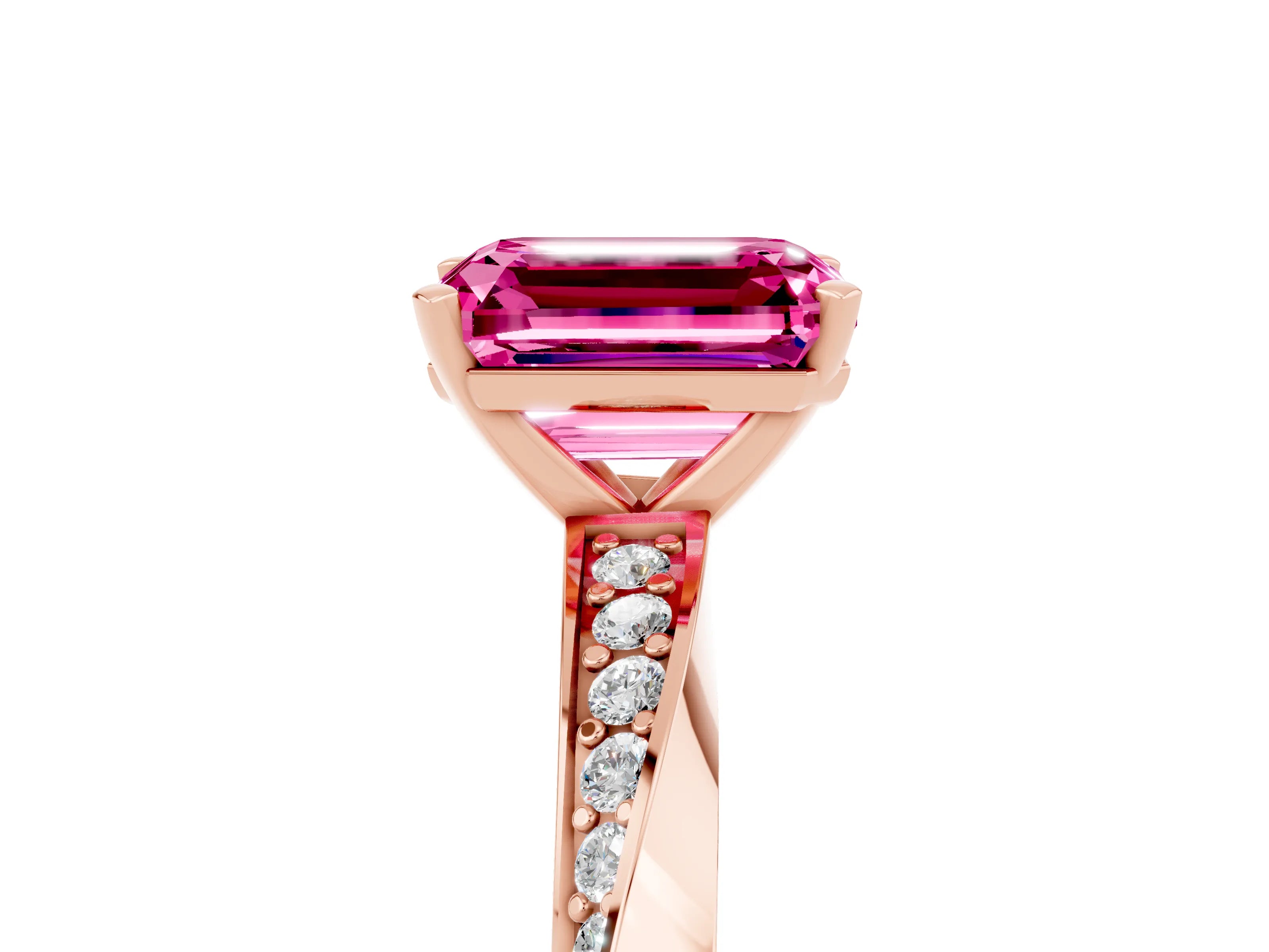 Rose gold Emerald Cut Pink Sapphire Engagement Ring with Side Stone Accents and Four-Prong Setting_56