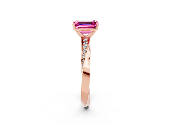 Rose gold Emerald Cut Pink Sapphire Engagement Ring with Side Stone Accents and Four-Prong Setting