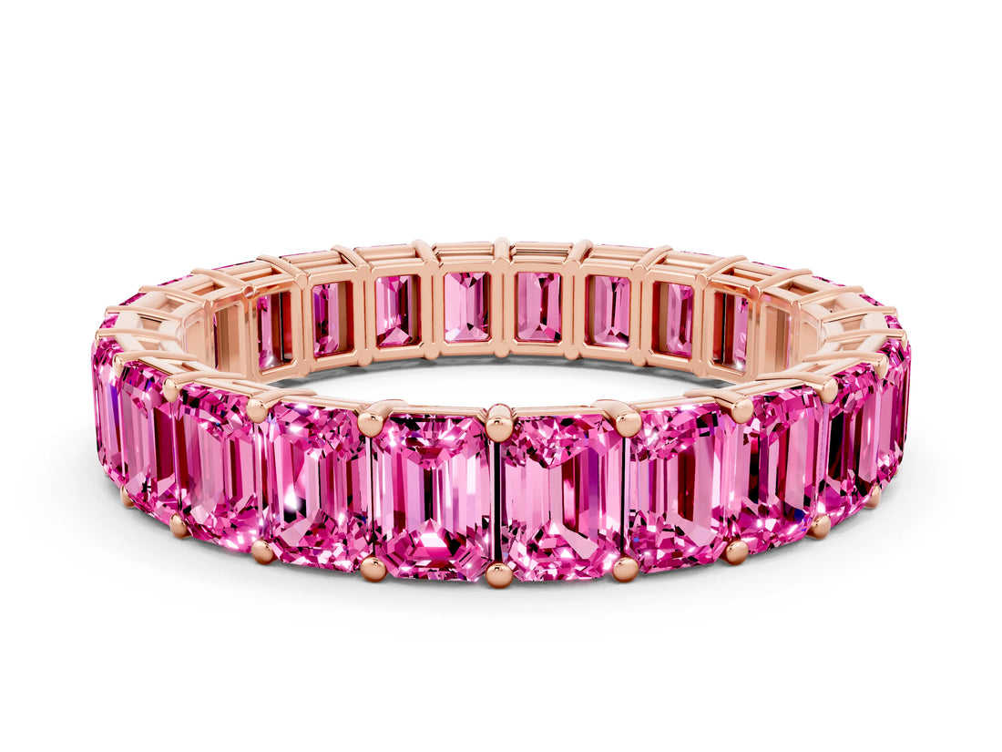 Rose gold Emerald Cut Pink Sapphire Eternity Band with Shared Prong Setting_18