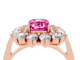 Rose gold Emerald Cut Pink Sapphire Floral Double Halo Engagement Ring with Prong Setting_76