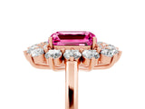 Rose gold Emerald Cut Pink Sapphire Floral Double Halo Engagement Ring with Prong Setting_77