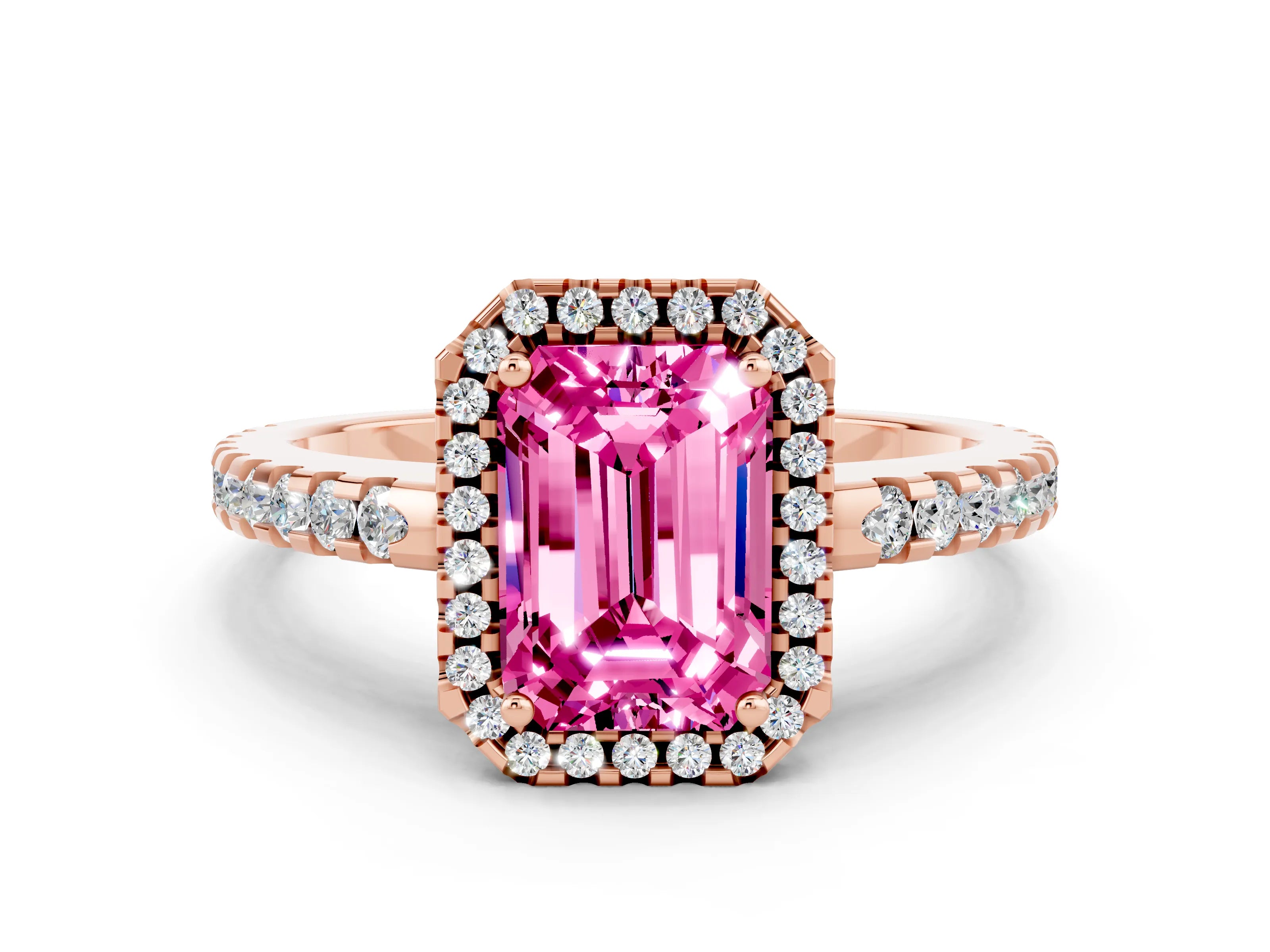 Rose gold Emerald Cut Pink Sapphire Halo Engagement Ring with Pavé Band and Prong Setting_12