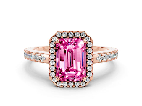 Rose gold Emerald Cut Pink Sapphire Halo Engagement Ring with Pavé Band and Prong Setting_12