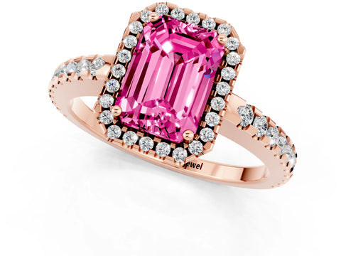 Rose gold Emerald Cut Pink Sapphire Halo Engagement Ring with Pavé Band and Prong Setting_13