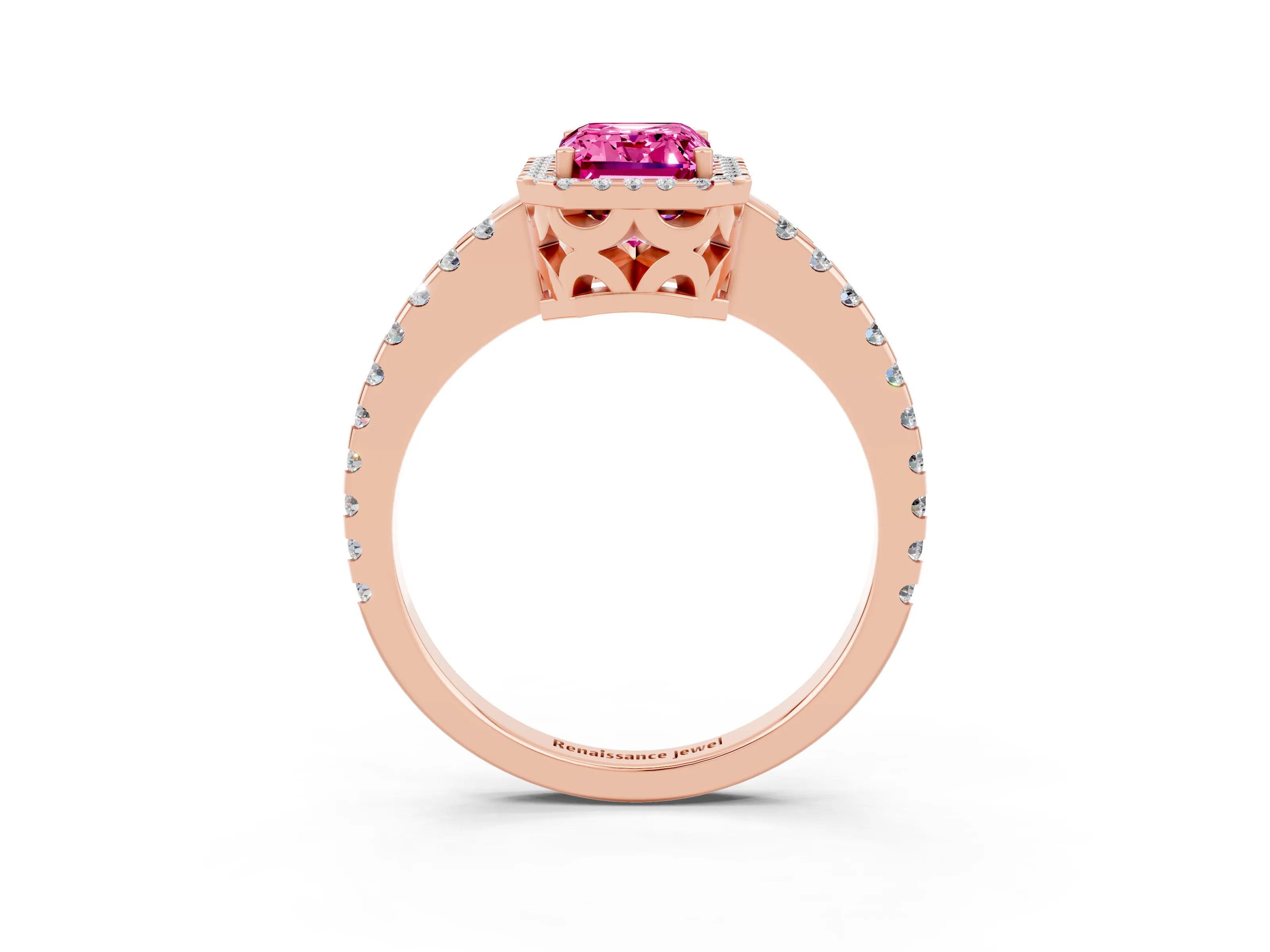 Rose gold Emerald Cut Pink Sapphire Halo Engagement Ring with Pavé Band and Prong Setting_15
