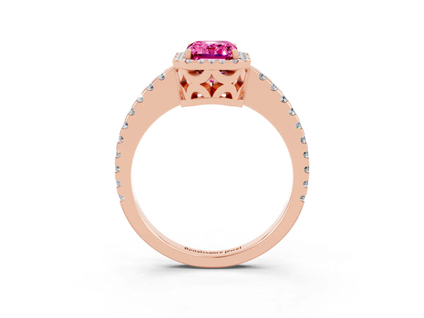 Rose gold Emerald Cut Pink Sapphire Halo Engagement Ring with Pavé Band and Prong Setting