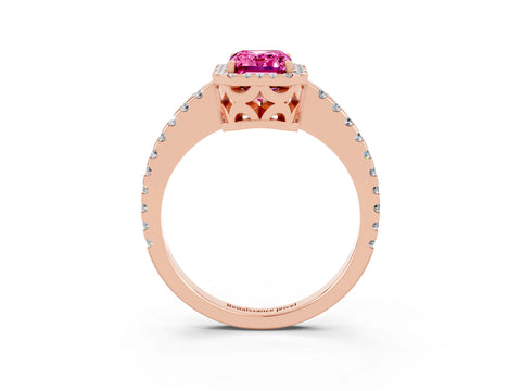 Rose gold Emerald Cut Pink Sapphire Halo Engagement Ring with Pavé Band and Prong Setting_15