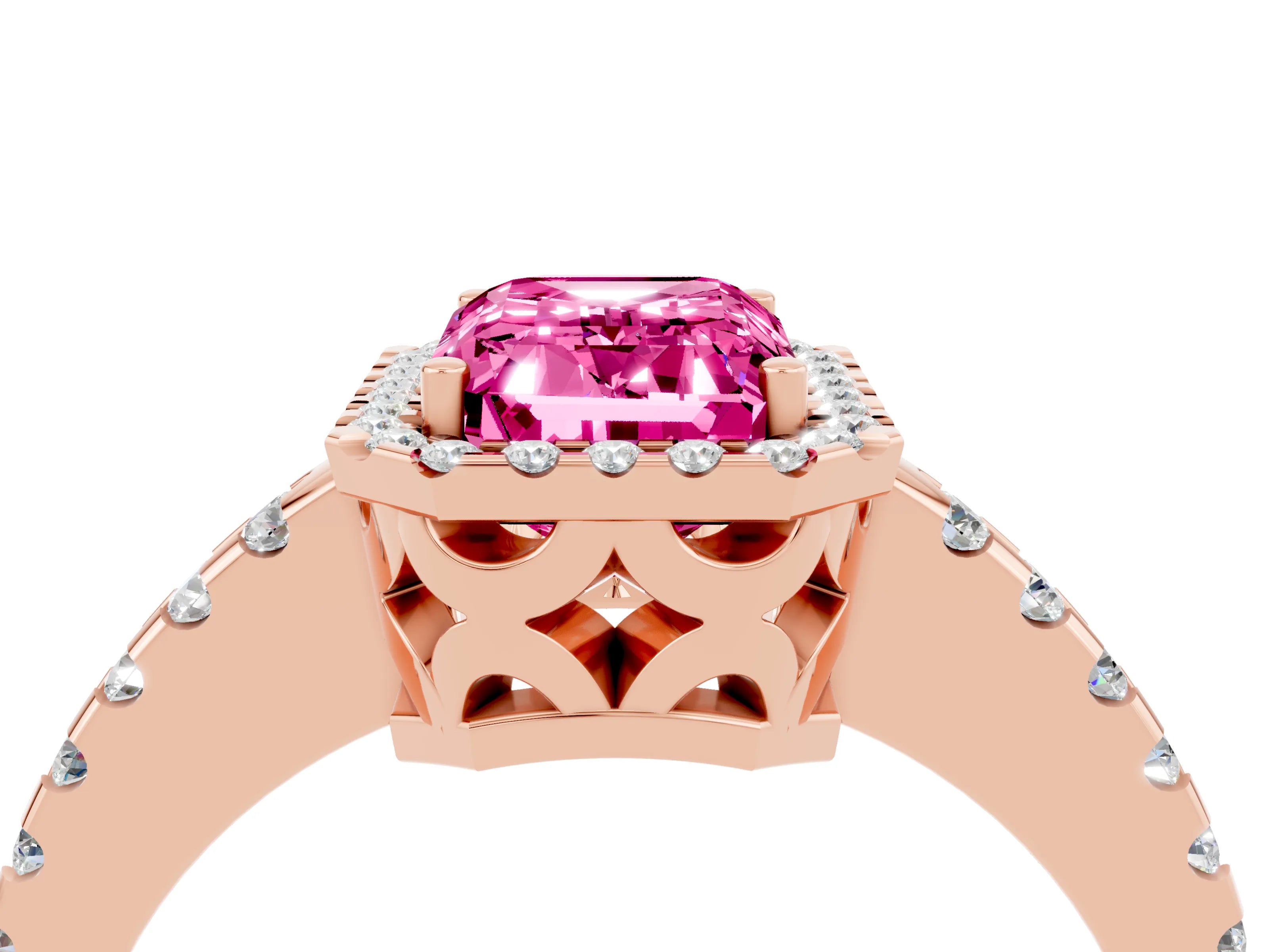 Rose gold Emerald Cut Pink Sapphire Halo Engagement Ring with Pavé Band and Prong Setting_16