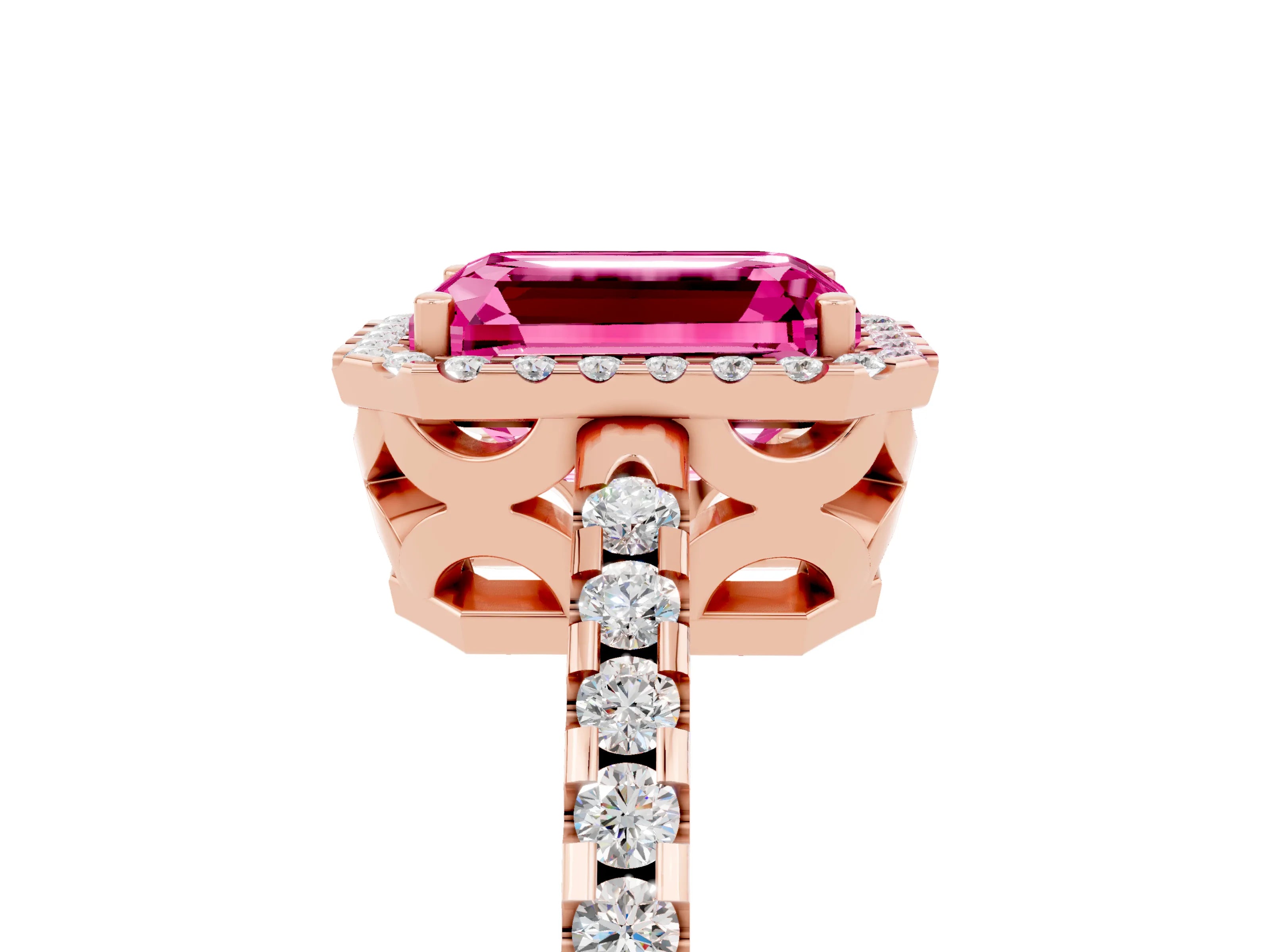 Rose gold Emerald Cut Pink Sapphire Halo Engagement Ring with Pavé Band and Prong Setting_17