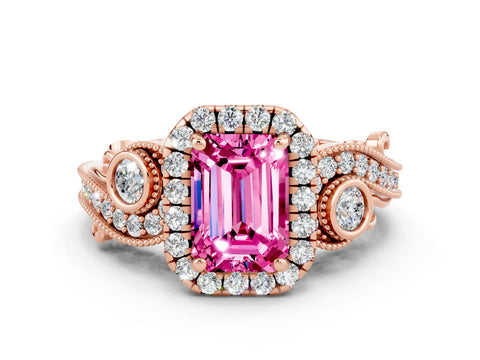 Rose gold Emerald Cut Pink Sapphire Halo Ring with Milgrain Pavé Band and Four-Prong Setting_12