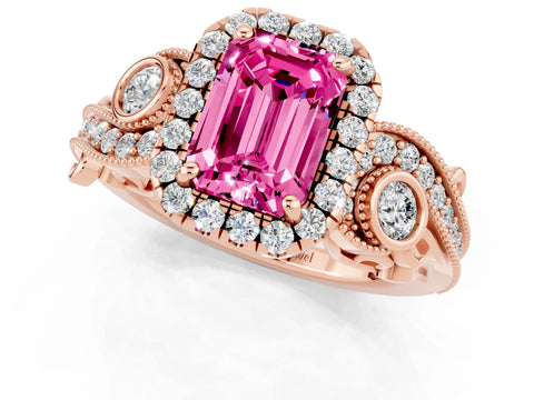 Rose gold Emerald Cut Pink Sapphire Halo Ring with Milgrain Pavé Band and Four-Prong Setting_13