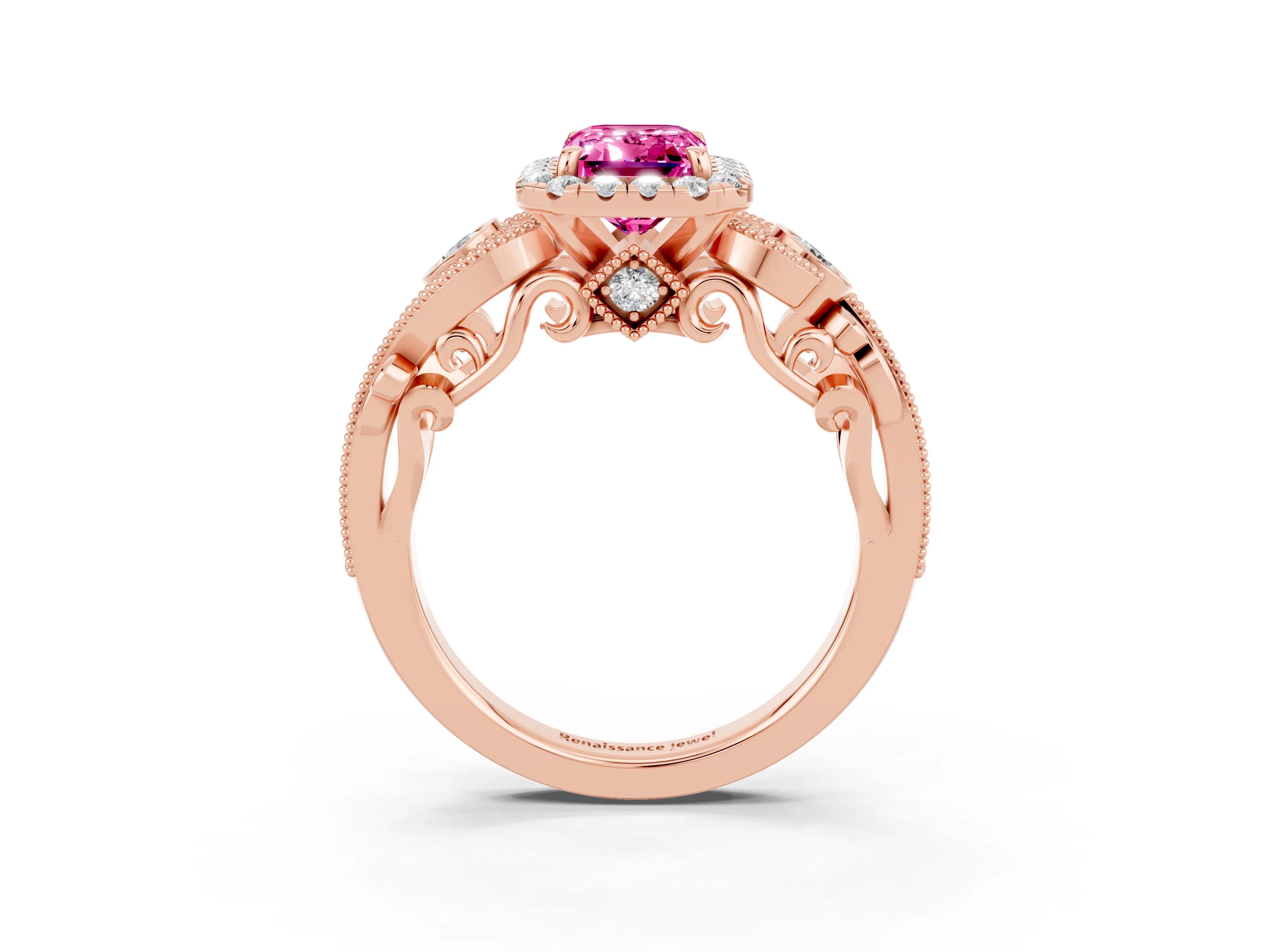 Rose gold Emerald Cut Pink Sapphire Halo Ring with Milgrain Pavé Band and Four-Prong Setting_15