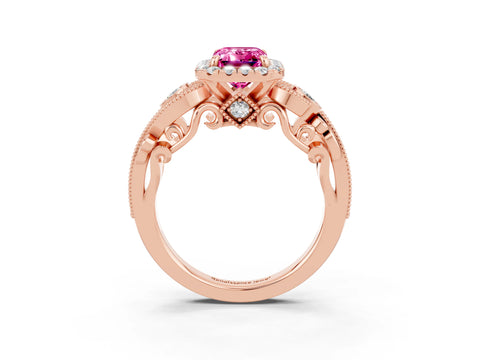 Rose gold Emerald Cut Pink Sapphire Halo Ring with Milgrain Pavé Band and Four-Prong Setting_15