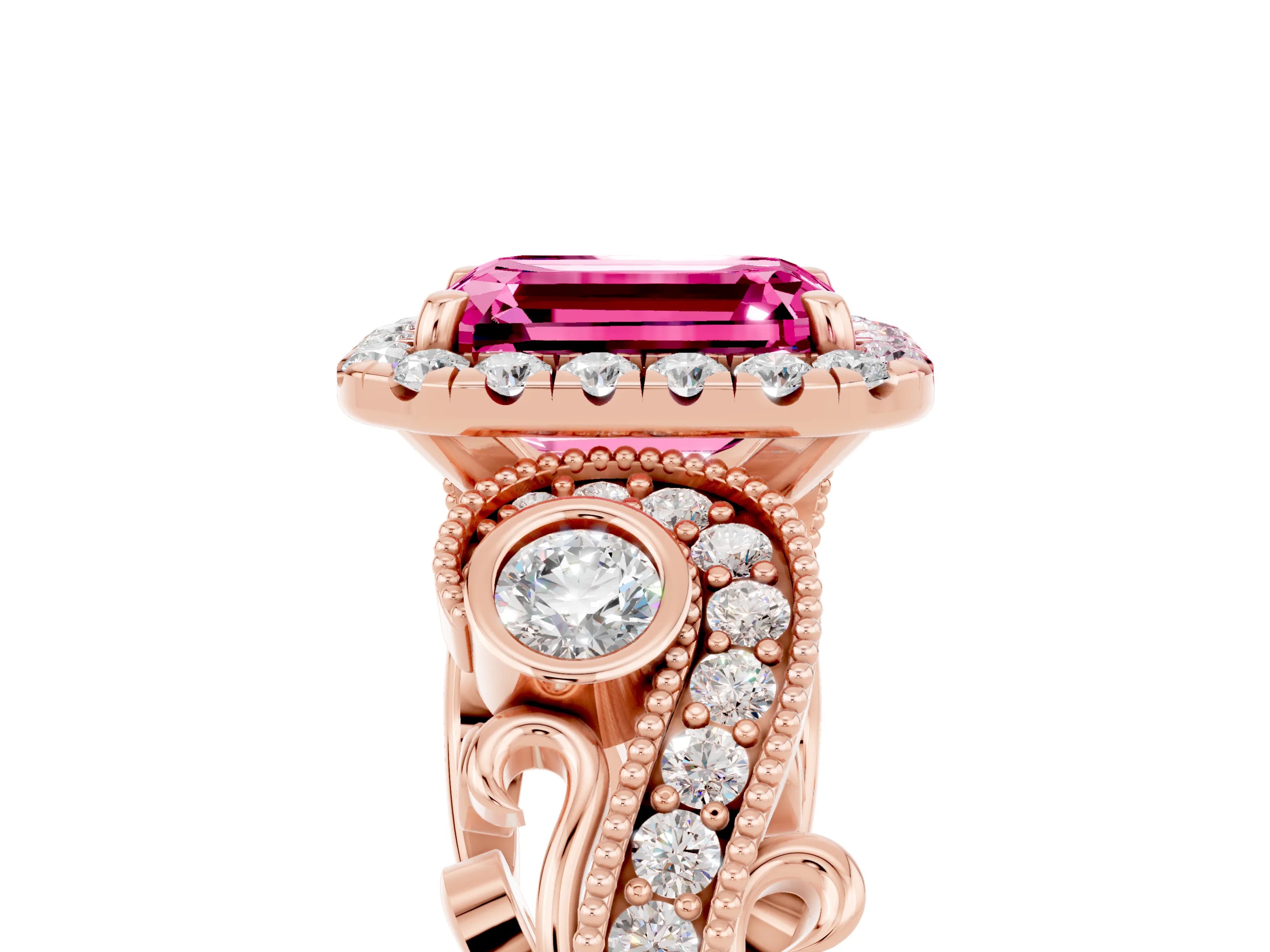 Rose gold Emerald Cut Pink Sapphire Halo Ring with Milgrain Pavé Band and Four-Prong Setting_17