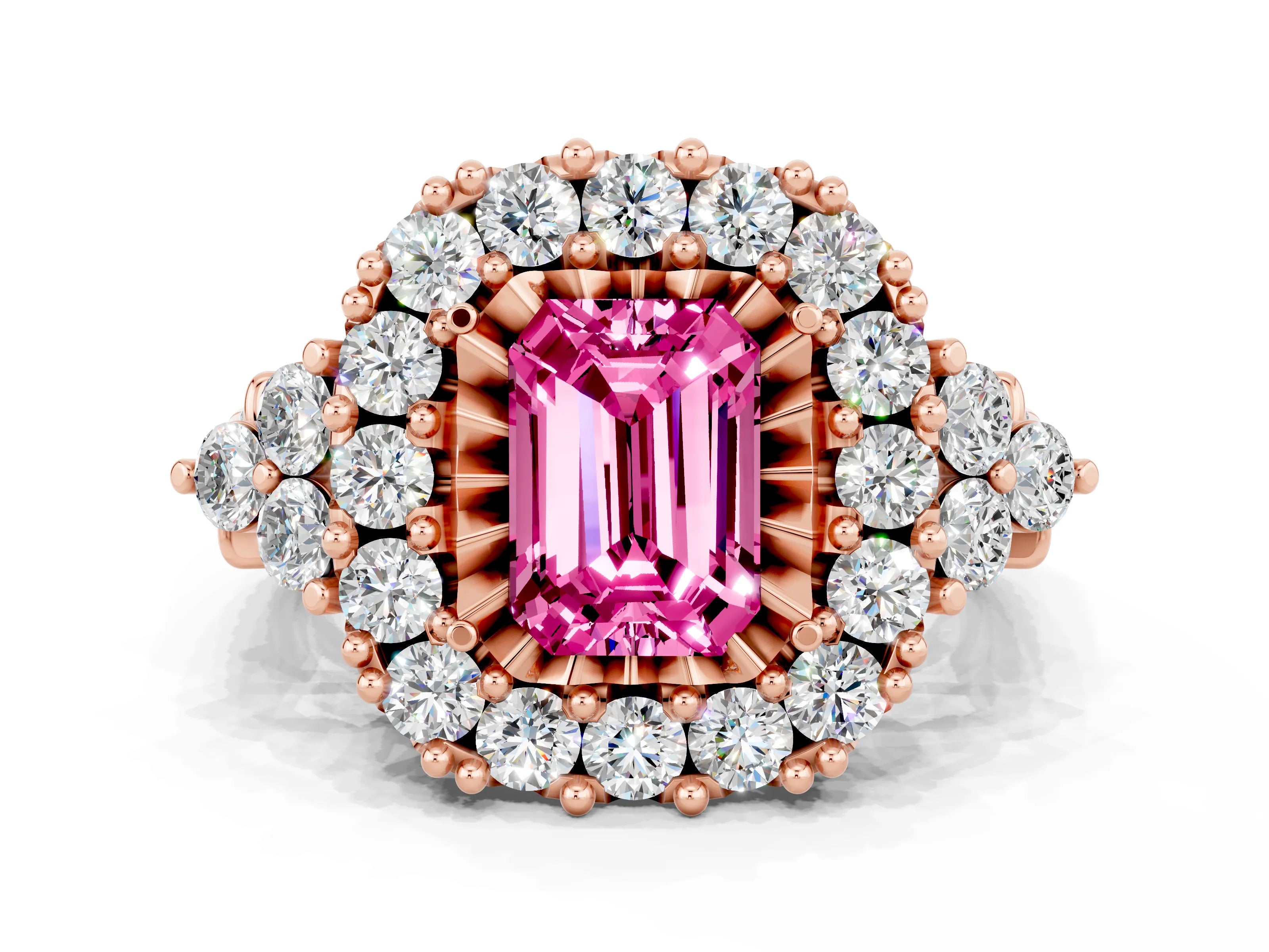 Rose gold Emerald Cut Pink Sapphire Halo Ring with Pavé Band and Four-Prong Setting_12