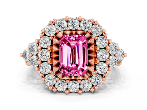 Rose gold Emerald Cut Pink Sapphire Halo Ring with Pavé Band and Four-Prong Setting_12