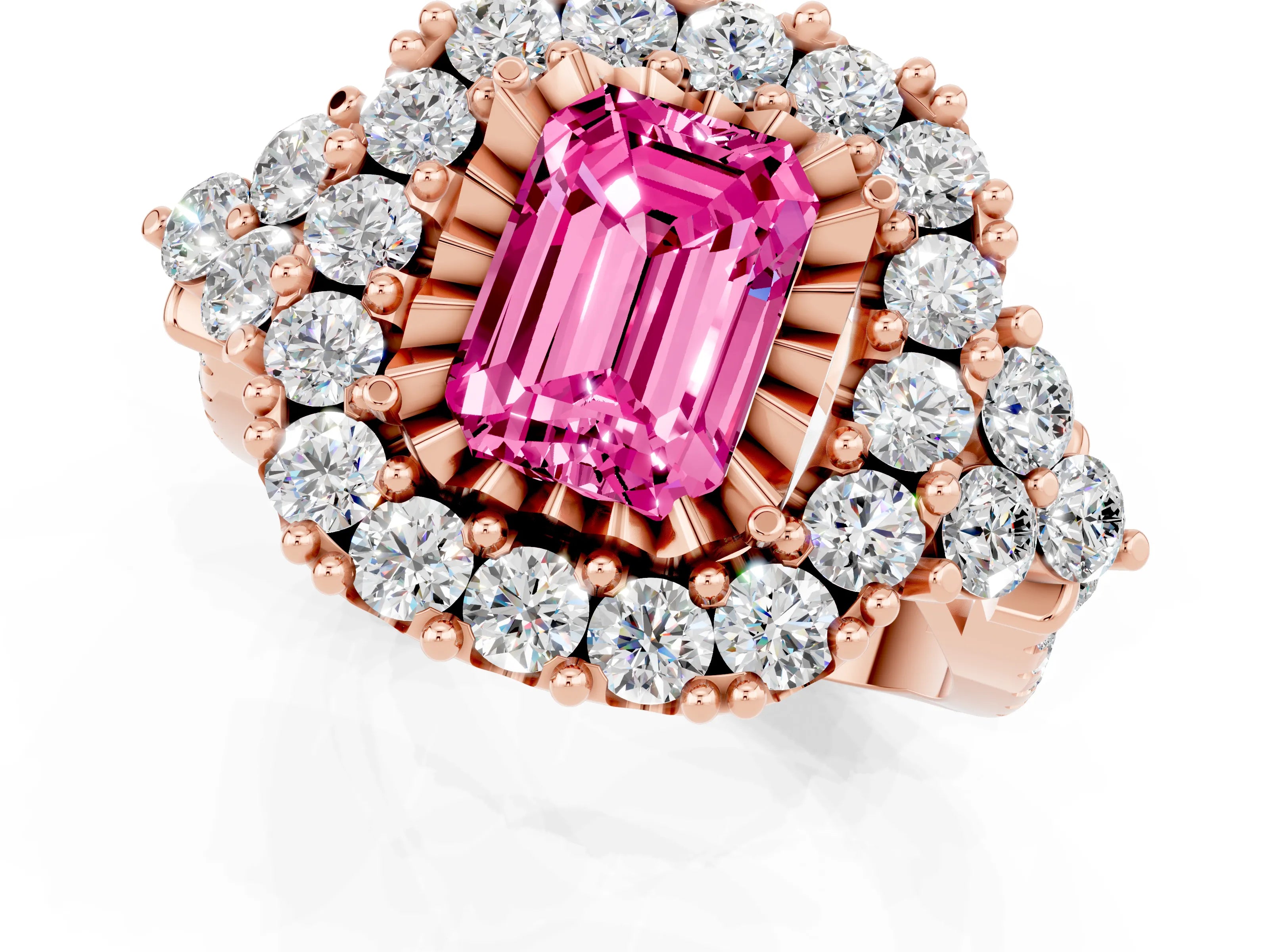 Rose gold Emerald Cut Pink Sapphire Halo Ring with Pavé Band and Four-Prong Setting_13