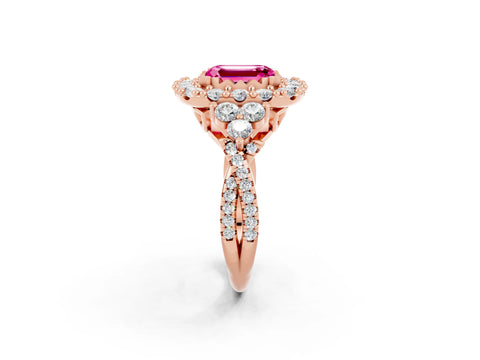 Rose gold Emerald Cut Pink Sapphire Halo Ring with Pavé Band and Four-Prong Setting_14