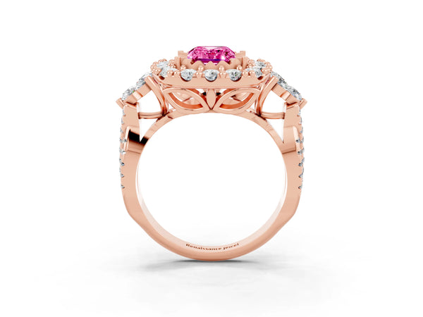 Rose gold Emerald Cut Pink Sapphire Halo Ring with Pavé Band and Four-Prong Setting