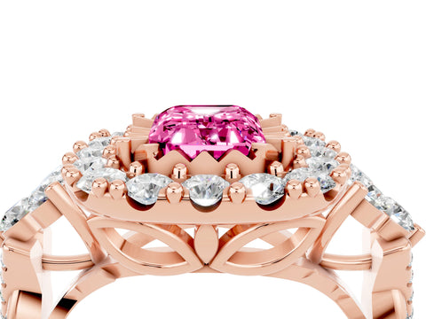 Rose gold Emerald Cut Pink Sapphire Halo Ring with Pavé Band and Four-Prong Setting_16