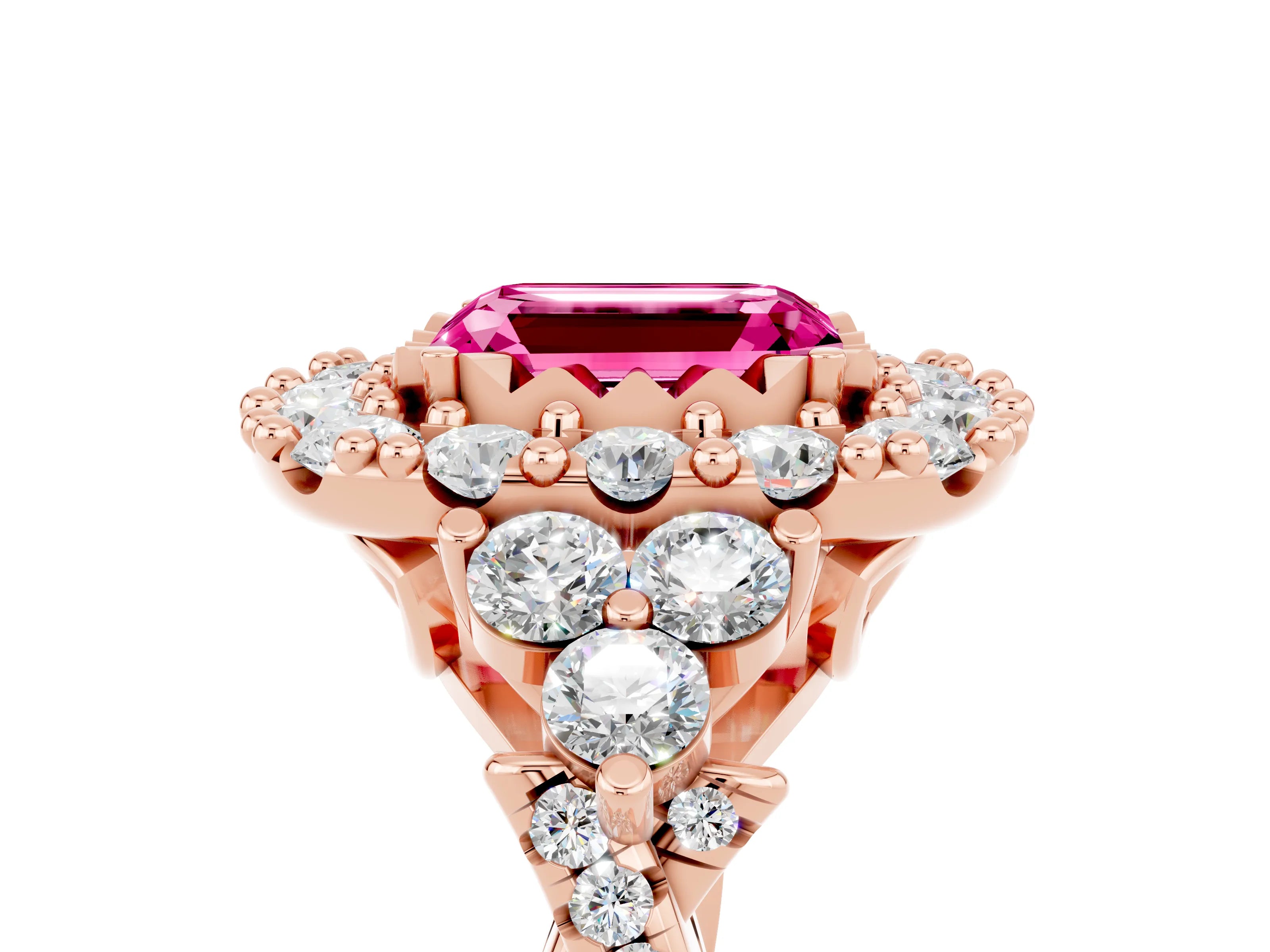 Rose gold Emerald Cut Pink Sapphire Halo Ring with Pavé Band and Four-Prong Setting_17
