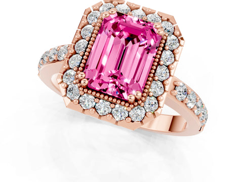 Rose gold Emerald Cut Pink Sapphire Halo Ring with Pavé Band and Prong Setting_1