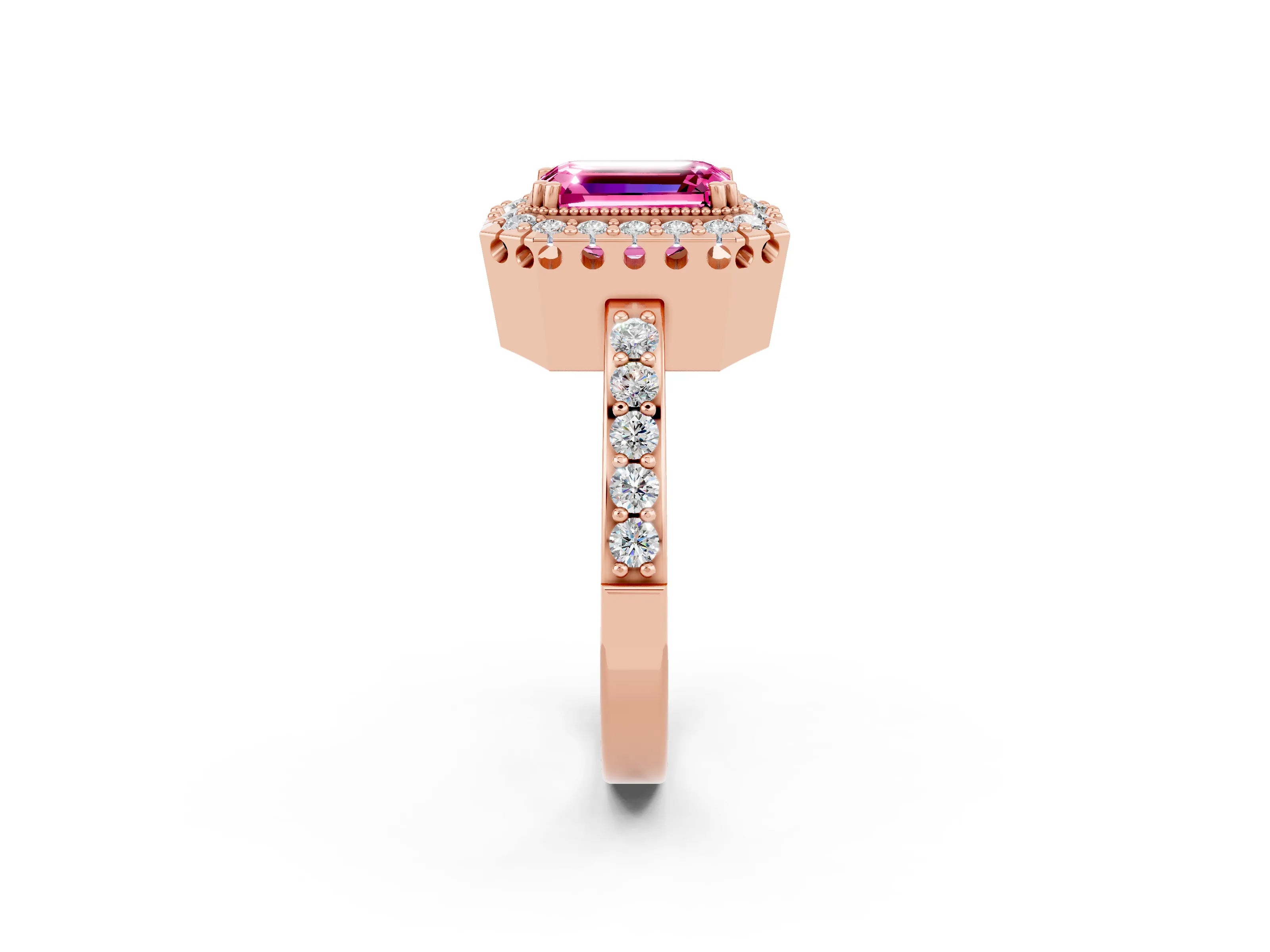 Rose gold Emerald Cut Pink Sapphire Halo Ring with Pavé Band and Prong Setting_2