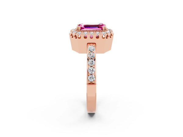 Rose gold Emerald Cut Pink Sapphire Halo Ring with Pavé Band and Prong Setting