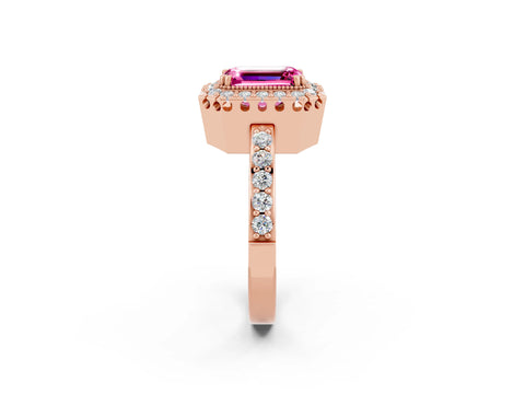 Rose gold Emerald Cut Pink Sapphire Halo Ring with Pavé Band and Prong Setting_2