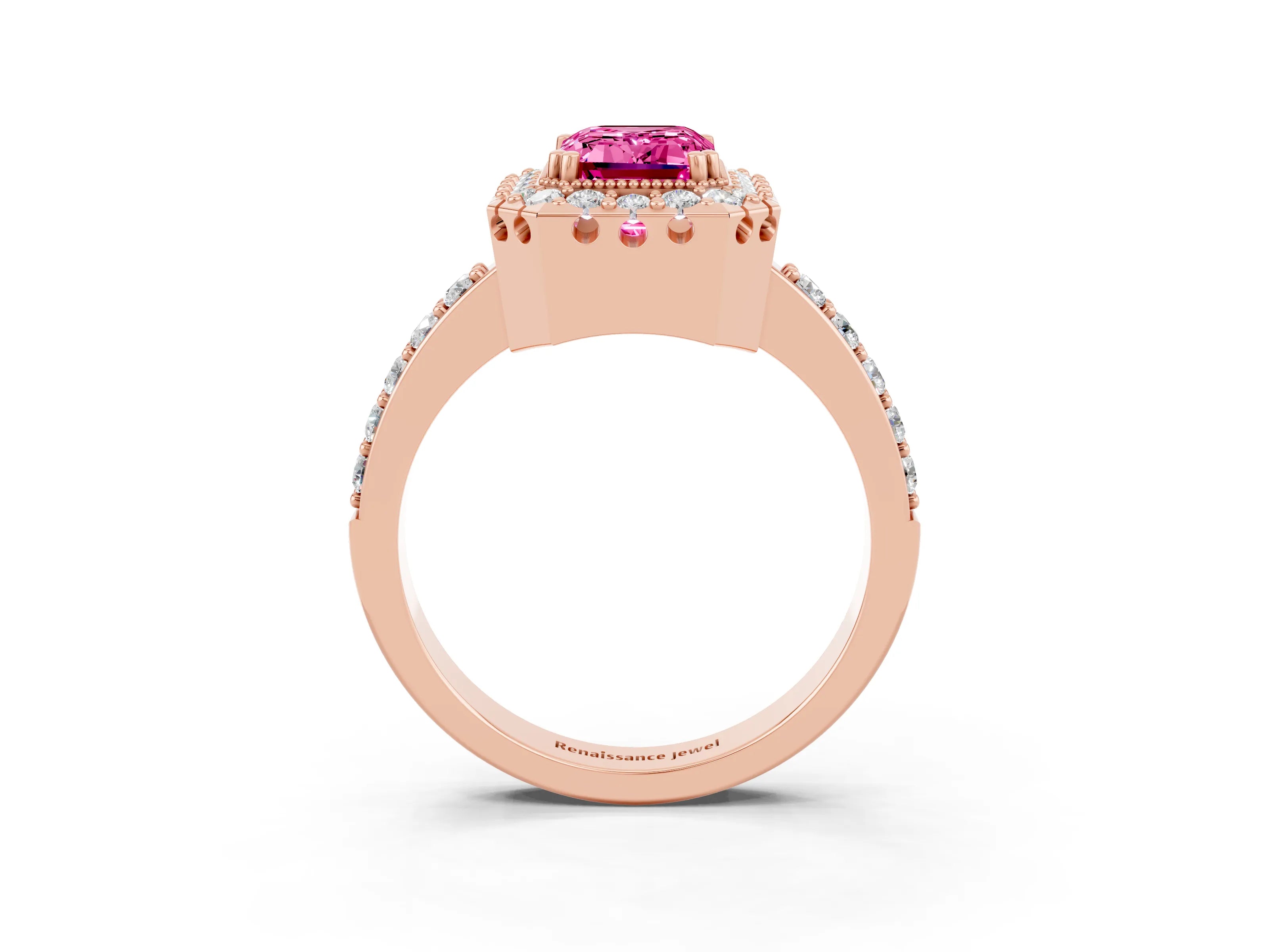 Rose gold Emerald Cut Pink Sapphire Halo Ring with Pavé Band and Prong Setting_3