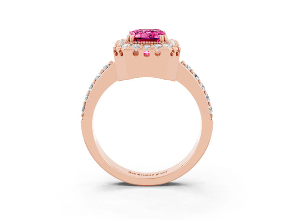 Rose gold Emerald Cut Pink Sapphire Halo Ring with Pavé Band and Prong Setting
