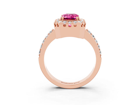 Rose gold Emerald Cut Pink Sapphire Halo Ring with Pavé Band and Prong Setting_3