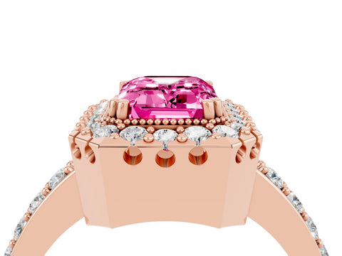 Rose gold Emerald Cut Pink Sapphire Halo Ring with Pavé Band and Prong Setting_4