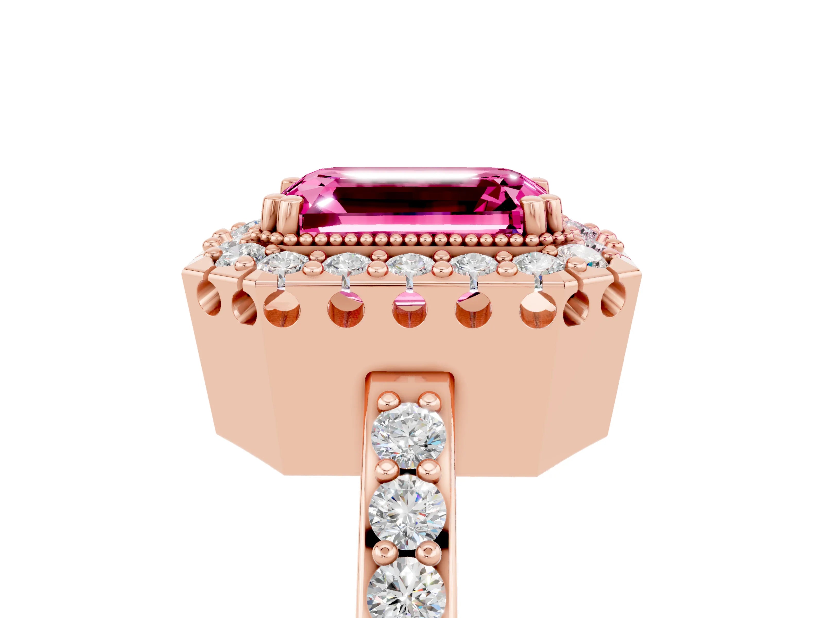 Rose gold Emerald Cut Pink Sapphire Halo Ring with Pavé Band and Prong Setting_5