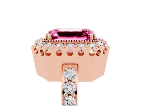 Rose gold Emerald Cut Pink Sapphire Halo Ring with Pavé Band and Prong Setting_5