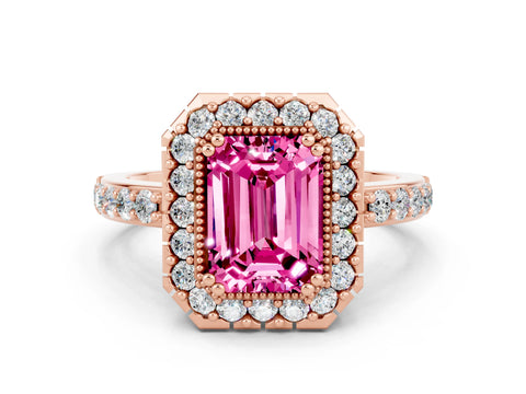 Rose gold Emerald Cut Pink Sapphire Halo Ring with Pavé Band and Prong Setting