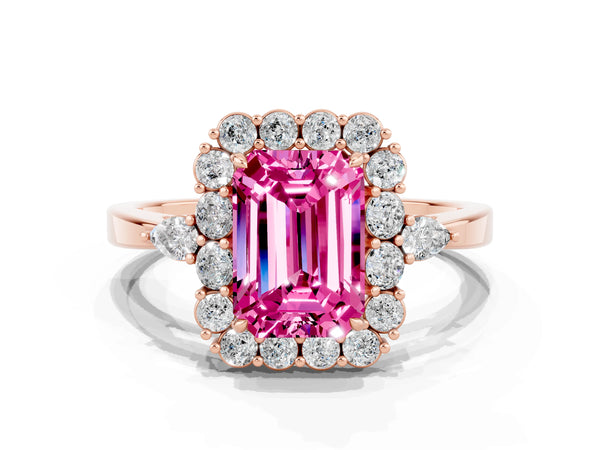 Rose gold Emerald Cut Pink Sapphire Halo Ring with Pear Side Stones and Prong Setting