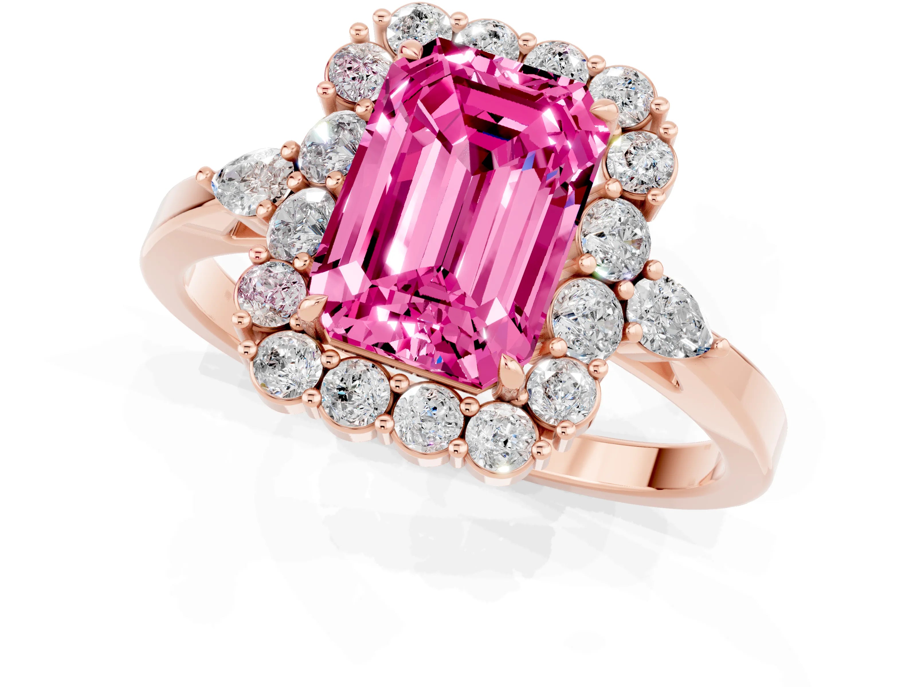 Rose gold Emerald Cut Pink Sapphire Halo Ring with Pear Side Stones and Prong Setting_13