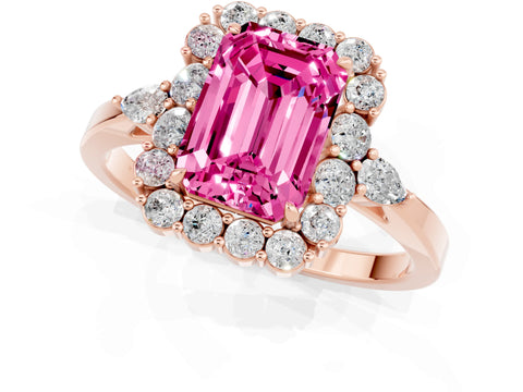 Rose gold Emerald Cut Pink Sapphire Halo Ring with Pear Side Stones and Prong Setting_13